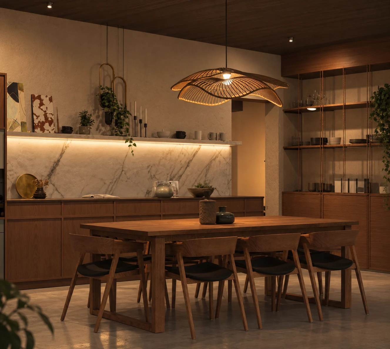 Contemporary timber dining room with sculptural leaf-shaped pendant lighting
