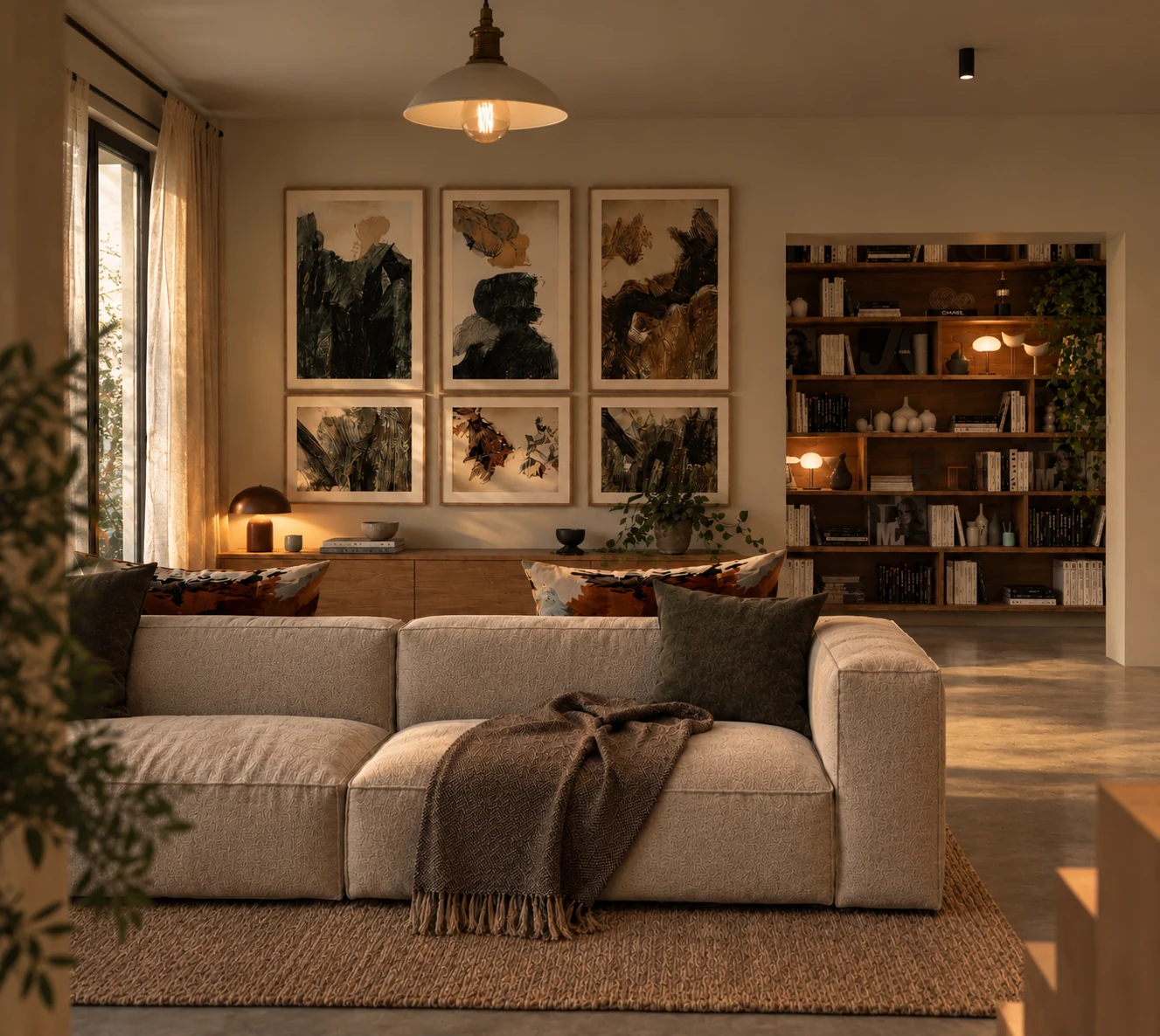 Warm contemporary lounge with abstract picture gallery and upholstered sofa