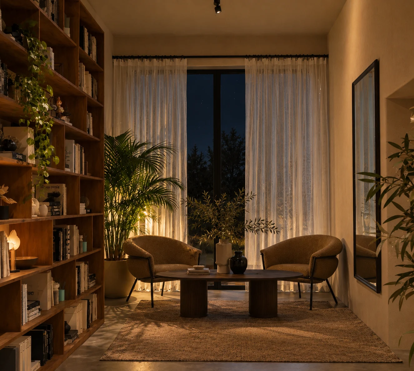 Intimate reading corner with two upholstered armchairs and tall bookshelves