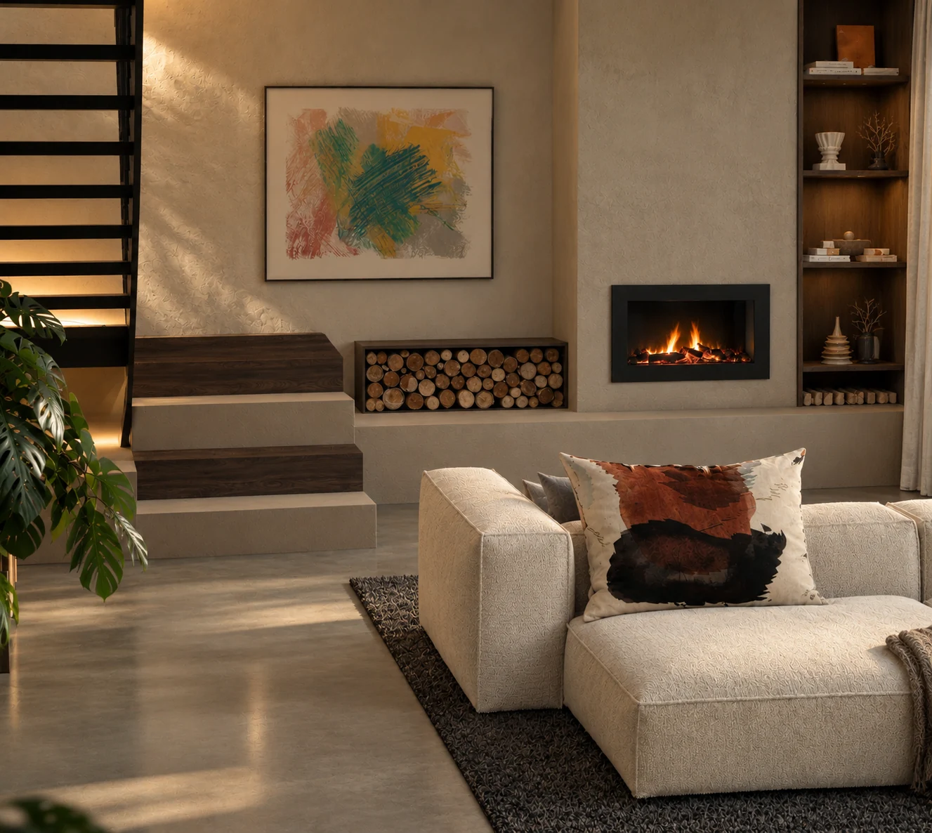 Contemporary living room with softly glowing fireplace and textured furnishings