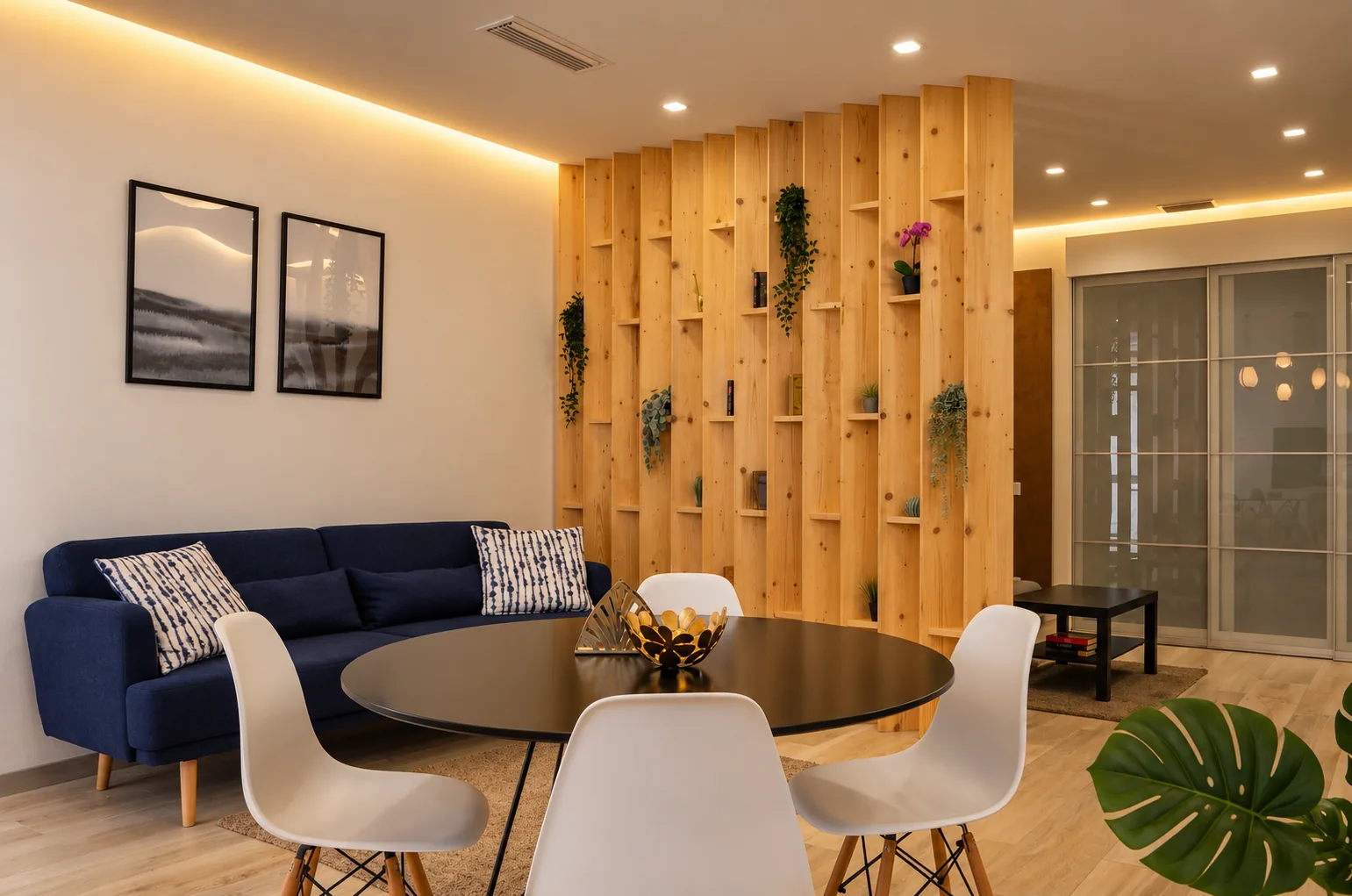 Bright living-dining room with navy sofa and timber divider
